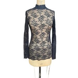 Forever 21 Womens Blouse Black Floral Lace Mesh Sheer Long Sleeves Mock Neck S